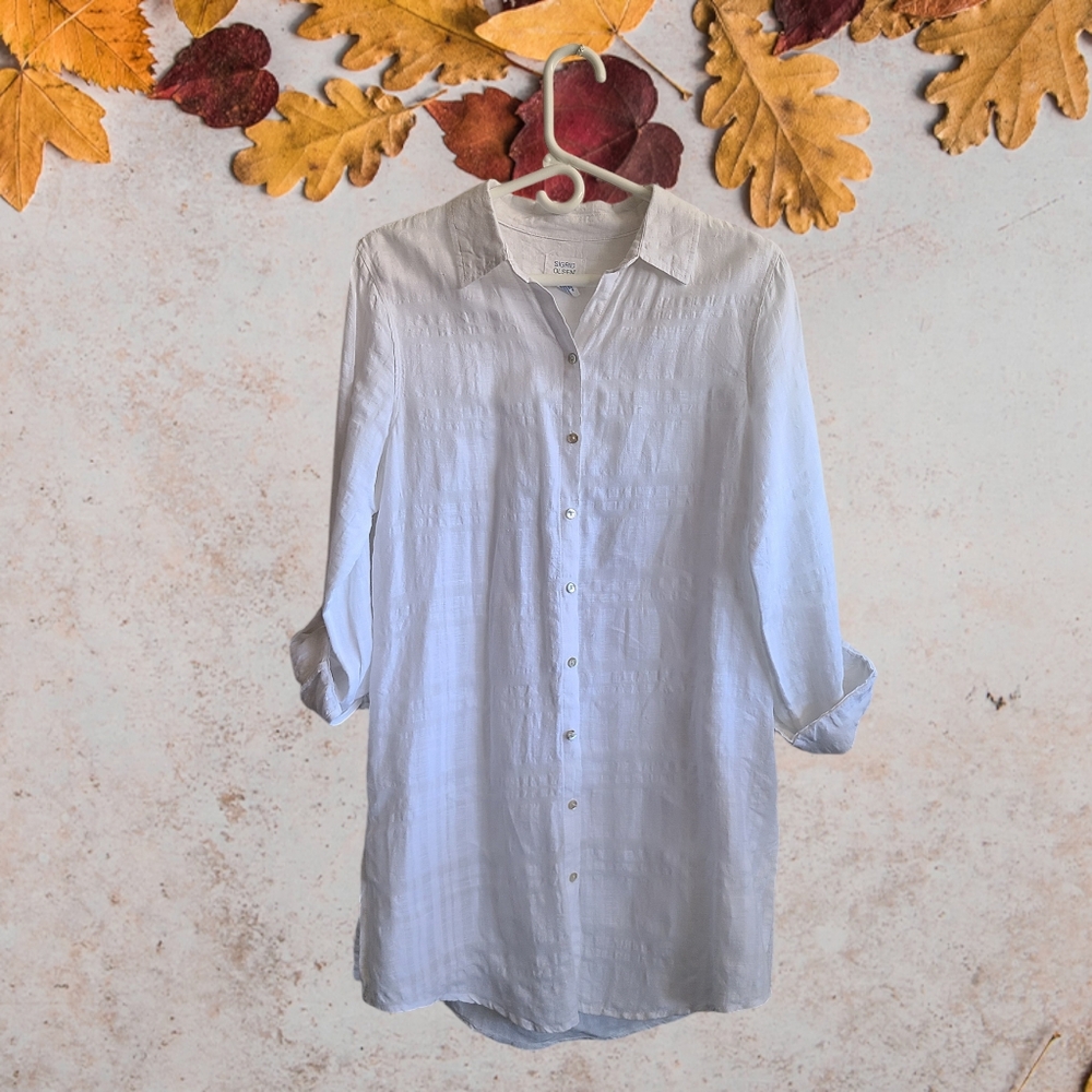 Sigrid Olsen White Button Striped Linen Blend Tunic Top